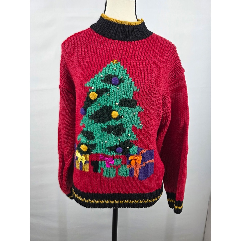 Vintage Ivy Christmas Tree Sweater Red Embellished Mock Neck Ramie Blend Medium